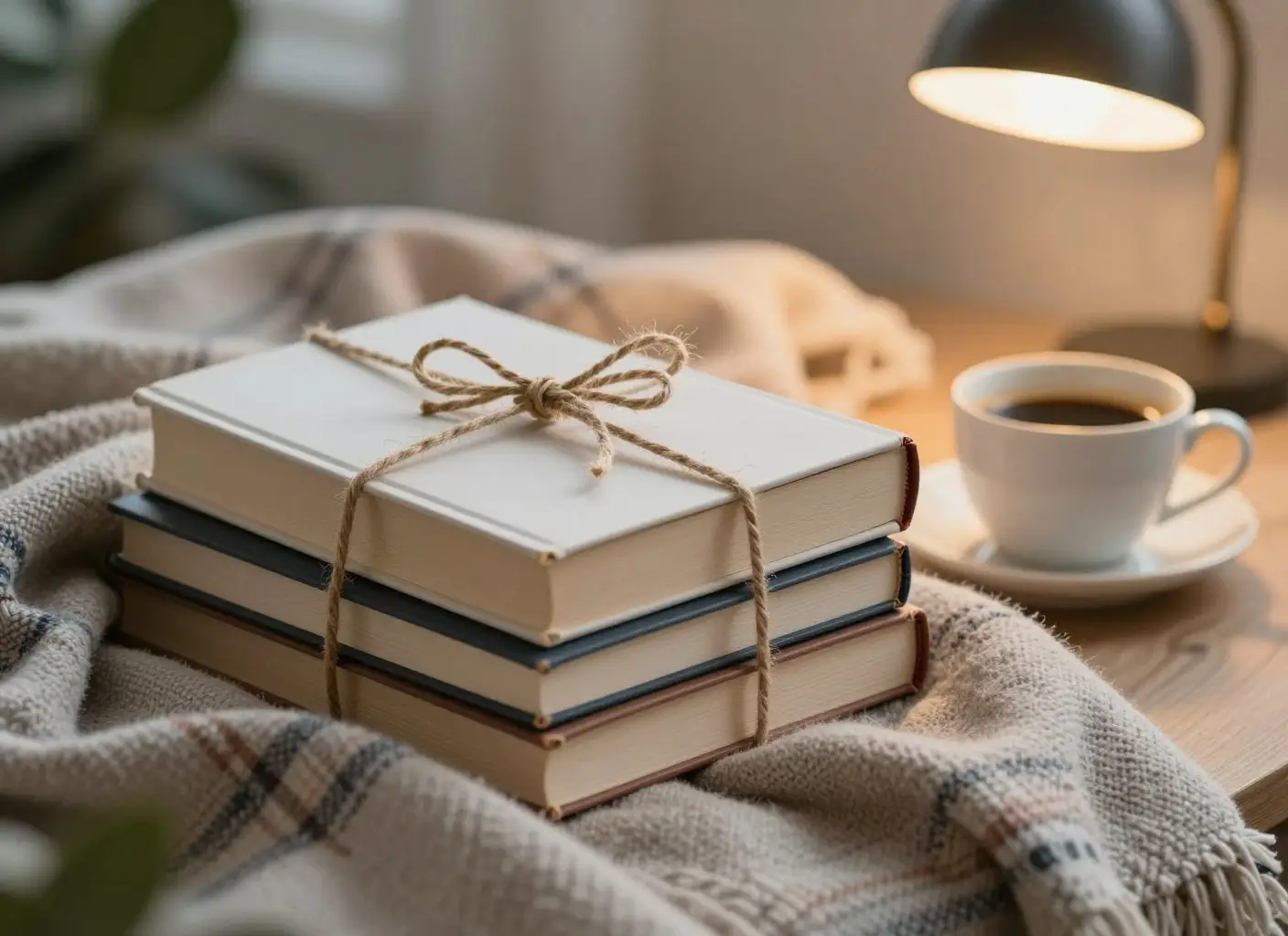 Стопка книг с бантом, кофе и плед в уютном уголке