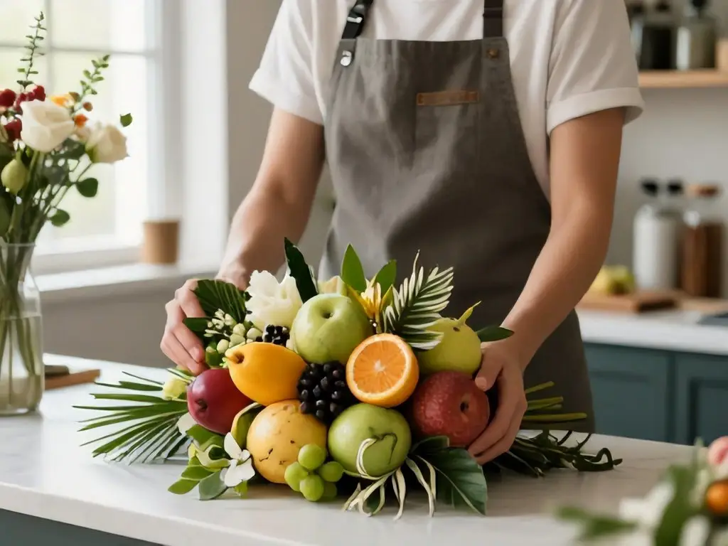 Человек в фартуке собирает фруктовый букет на кухонной стойке, банки на полках