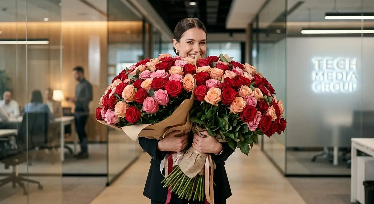 Элегантная молодая женщина с букетом