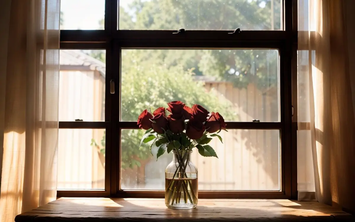 Одна красная роза в крафтовой бумаге на деревянном столе, мягкий свет из окна.