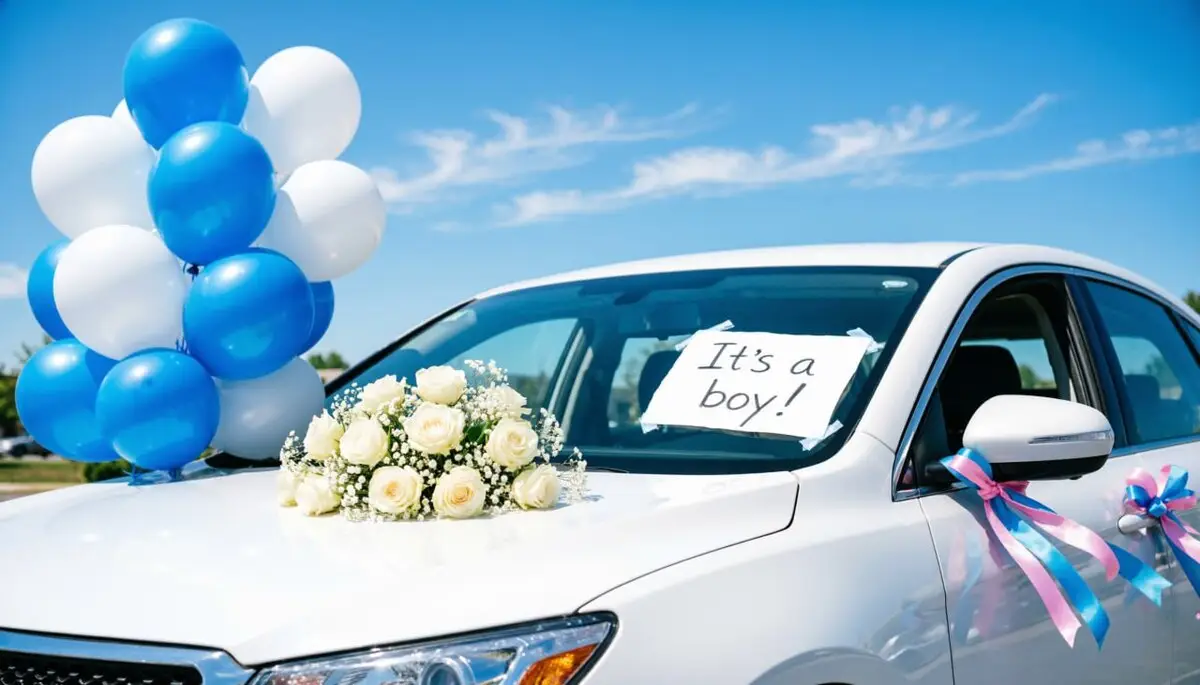 Белый автомобиль с букетом роз на капоте, голубые шары и табличка «It's a boy!» на лобовом стекле