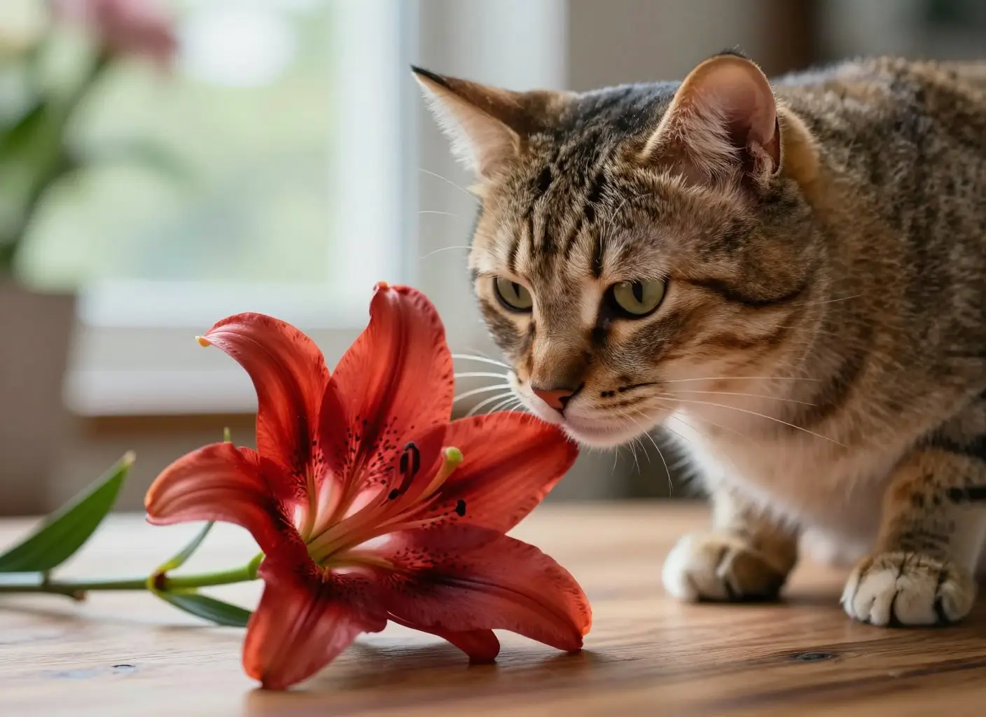 Кот нюхает яркую красную лилию на столе