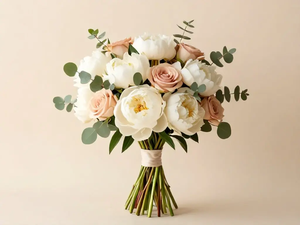 Готовый букет из пионов и роз в пастельных тонах на однотонном фоне