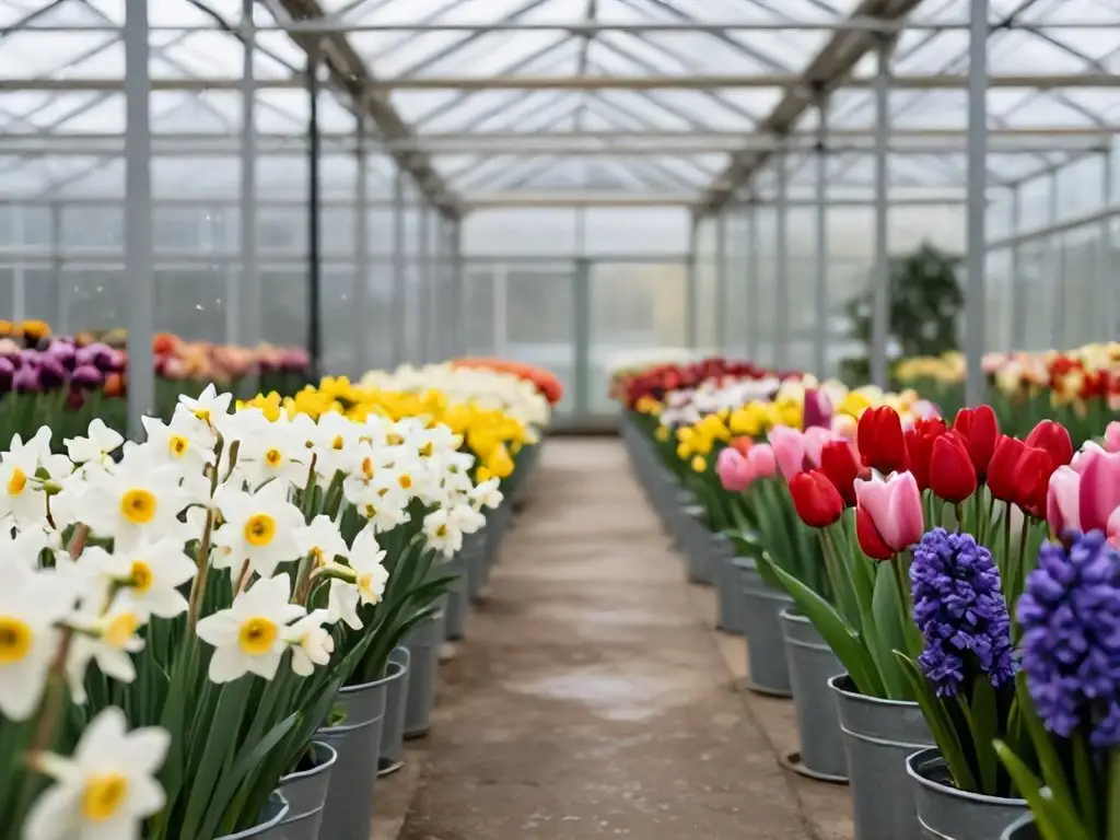 Ряды вёдер с нарциссами, тюльпанами и гиацинтами в оранжерее