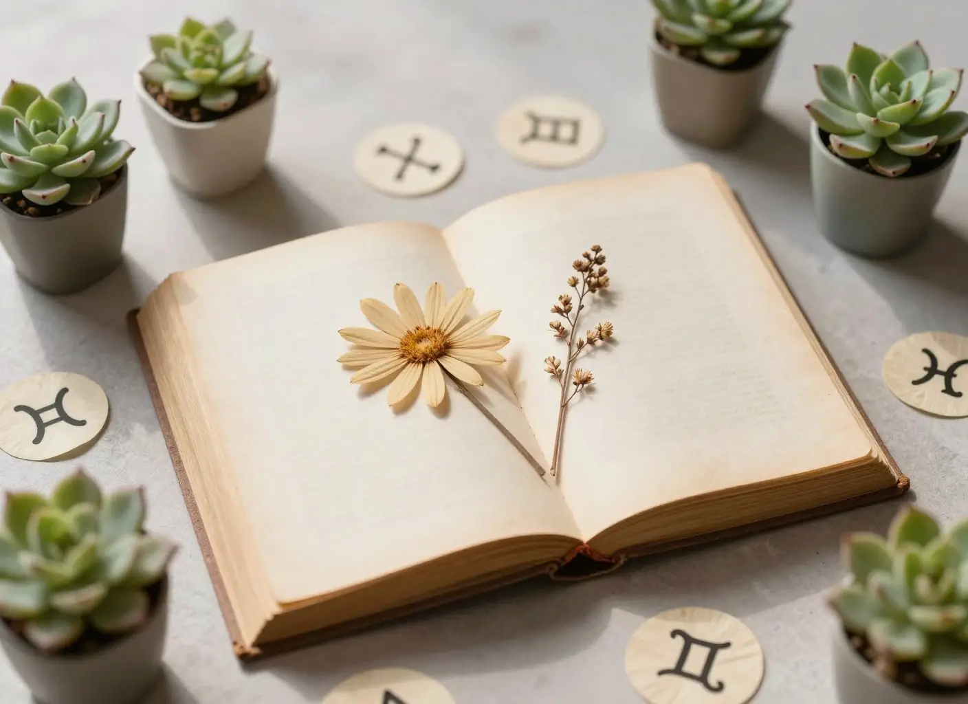 Раскрытая книга с засушенным цветком и символами зодиака