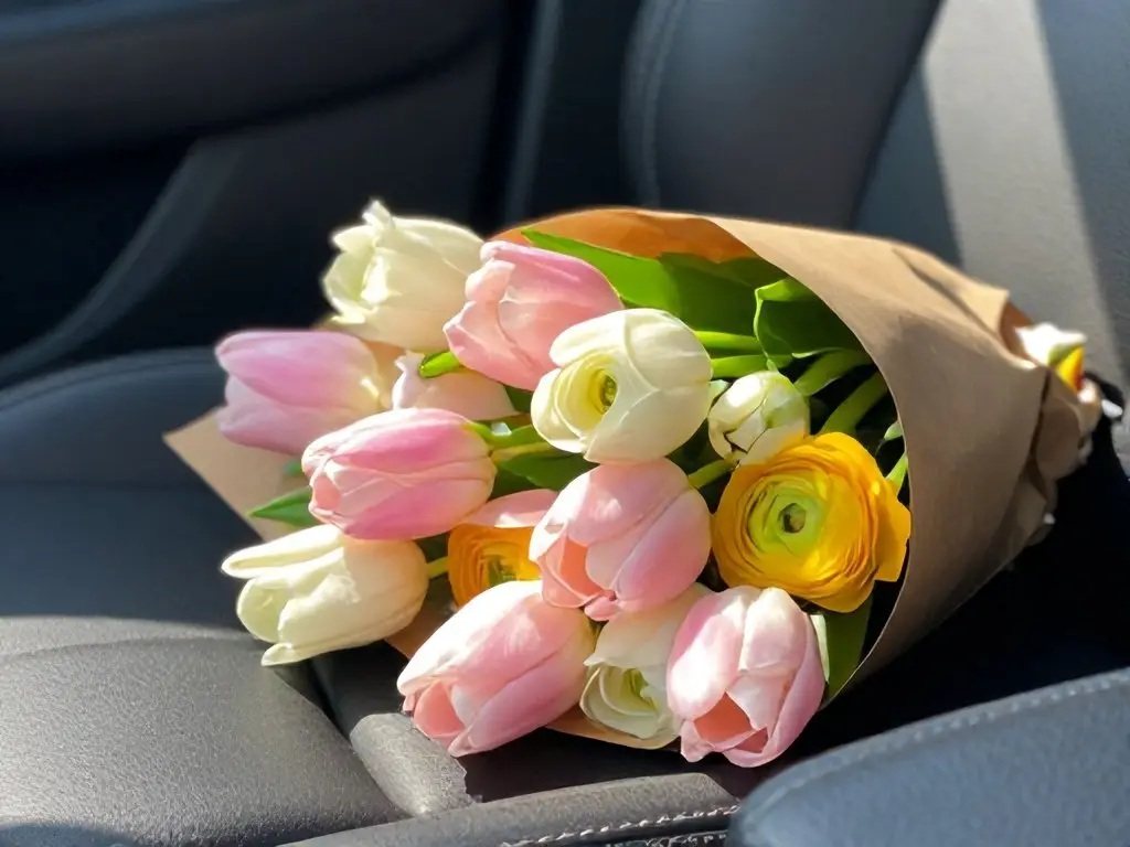 Букет тюльпанов и ранункулюсов на заднем сиденье авто в солнечном свете