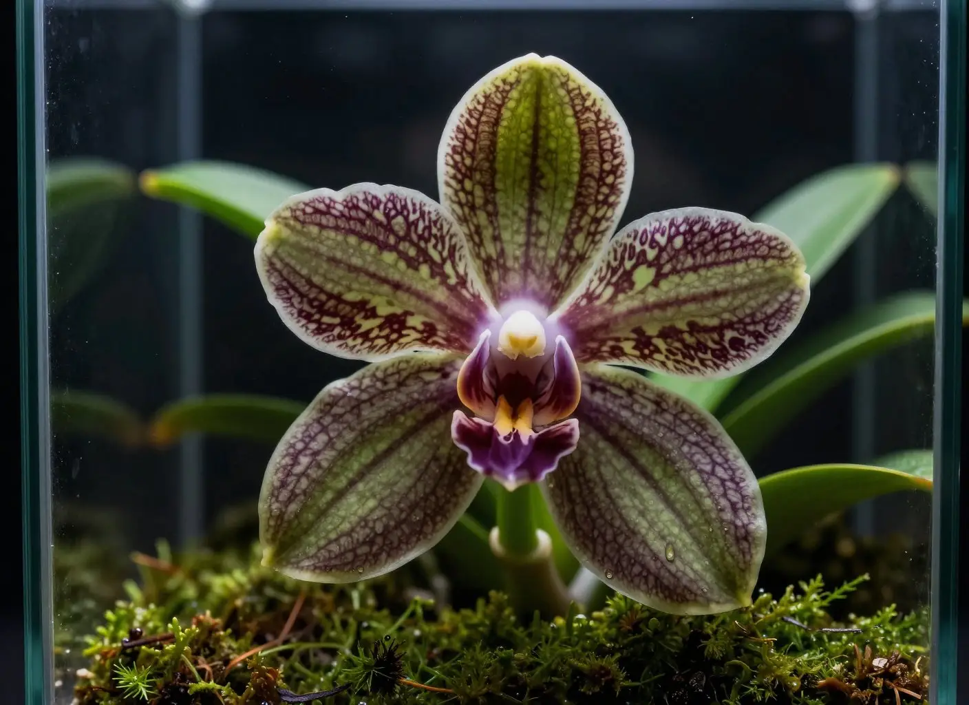 Редкая орхидея с узорчатыми лепестками в террариуме