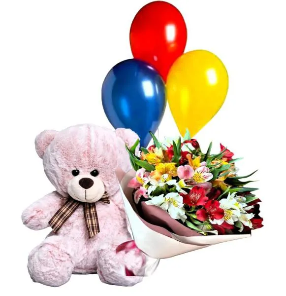 Подарочный набор с мишкой, букетом из альстромерий и воздушными шарами