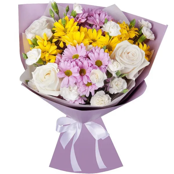 Букет из белых роз, хризантем и гвоздик Яркие дни впереди