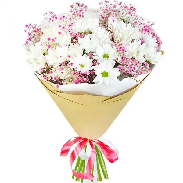 Букет из белых хризантем и гипсофилы Воздушное настроение