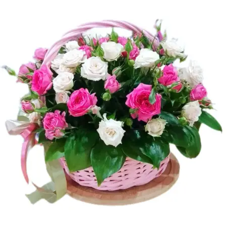 Корзина из розовых и белых кустовых роз Малиновый пломбир
