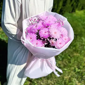 Букет из розовых хризантем и гипсофилы Застенчивый румянец