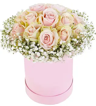 Букет из роз и гипсофилы в коробке Ослепительный день