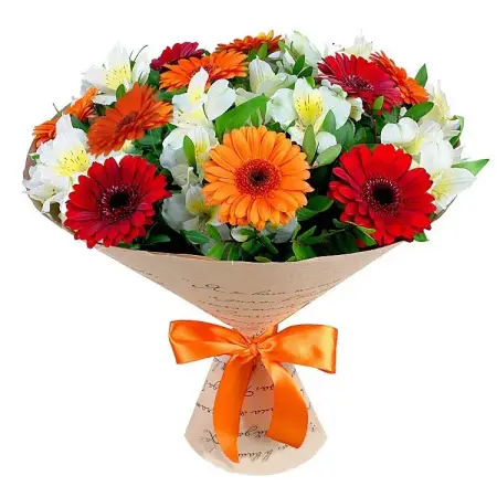 Букет из ярких гербер и альстромерий Оранжевое сияние