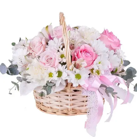 Корзина из розовых роз, гвоздик, альстромерий и хризантем Радость сердца
