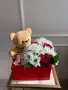 Подарочный набор из роз и хризантем с мишкой и конфетами Раффаэло Довольный Мишка