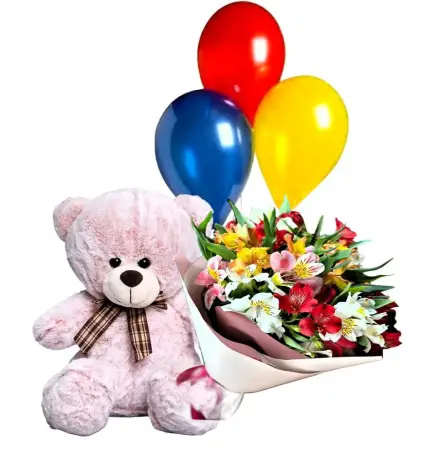 Подарочный набор с мишкой, букетом из альстромерий и воздушными шарами