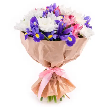 Букет из фиолетовых ирисов, хризантем и альстромерий Восход закат