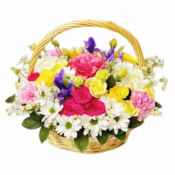 Корзина с розами, эустомами, хризантемами, ирисами и гвоздиками Солнечная мечта