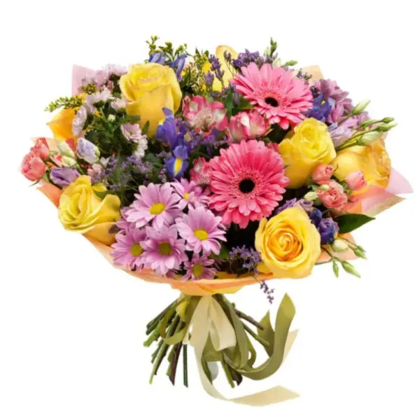 Букет из желтых роз, хризантем и гербер Яркий поцелуй