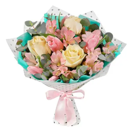 Букет из роз, альстромерий и тюльпанов Лазурный вихрь