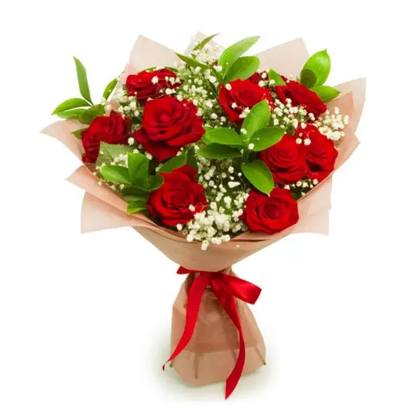 Букет из красных роз и гипсофилы Приходите стильно