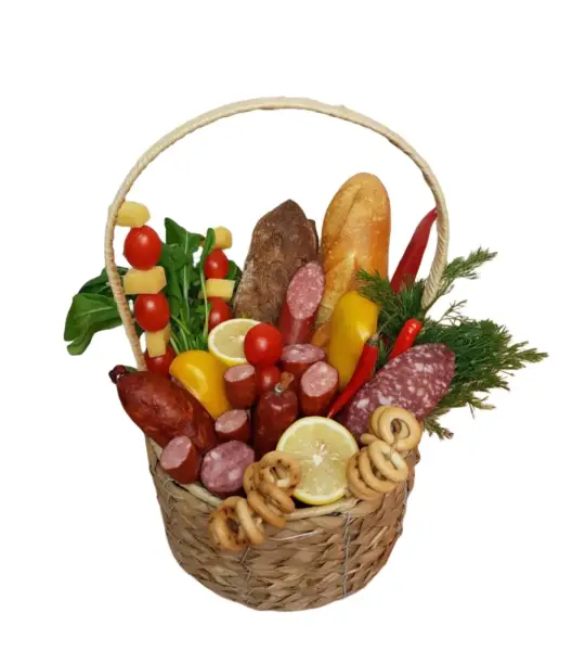 Подарочная корзина с колбасами и хлебом № 1