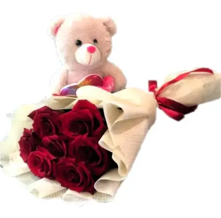 Подарочный набор № 5 с красными розами и мишкой 